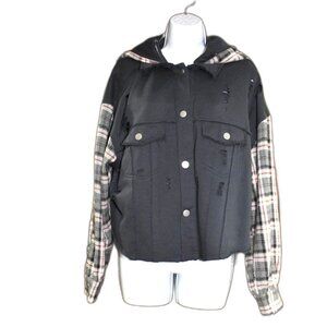 Dance & Marvel Jacket Womens Small Blue Gray Distressed Flannel Hooded Shirt